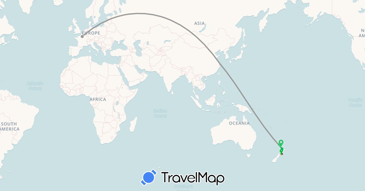 TravelMap itinerary: driving, bus, plane, train, boat, hitchhiking in China, France, New Zealand (Asia, Europe, Oceania)